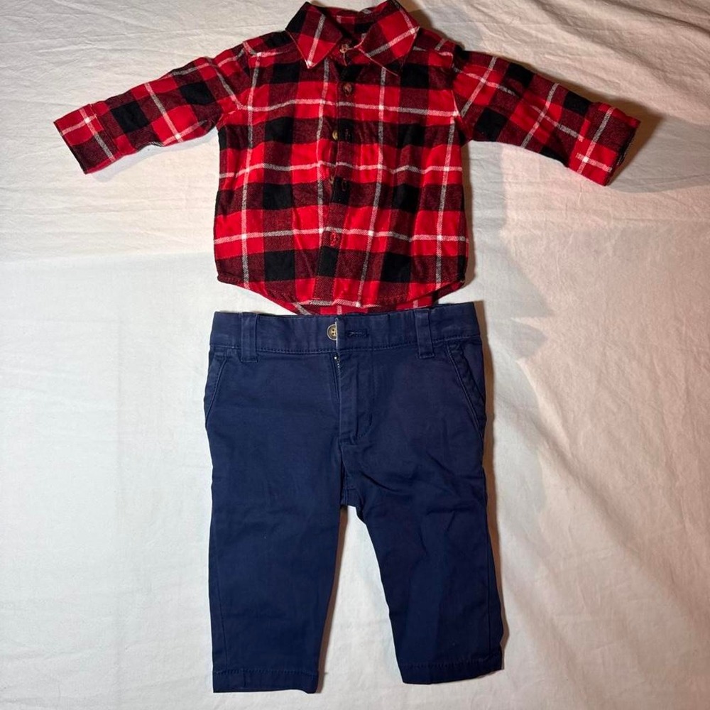 Carter's red plaid button up shirt and navy pants set